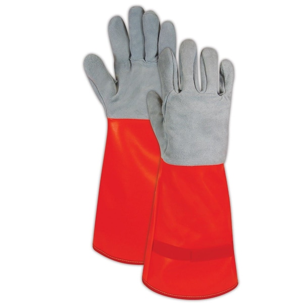 Pearl Split All Leather Gloves with Orange Vinyl Cuff, VEL, 12PK